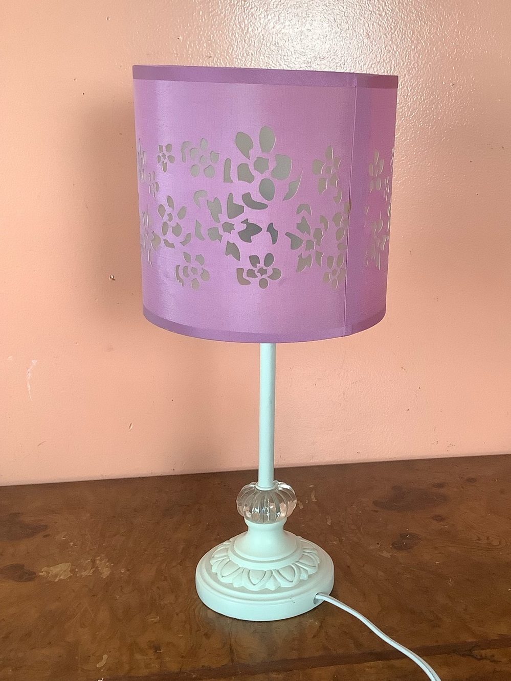 Lavender Flower Cut-Out Table Lamp White Base Clear Crystal Accent Girl's Room - Picture 2 of 16